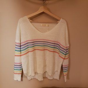 Slouchy White V-Neck Knit Sweater, Pastel Stripes